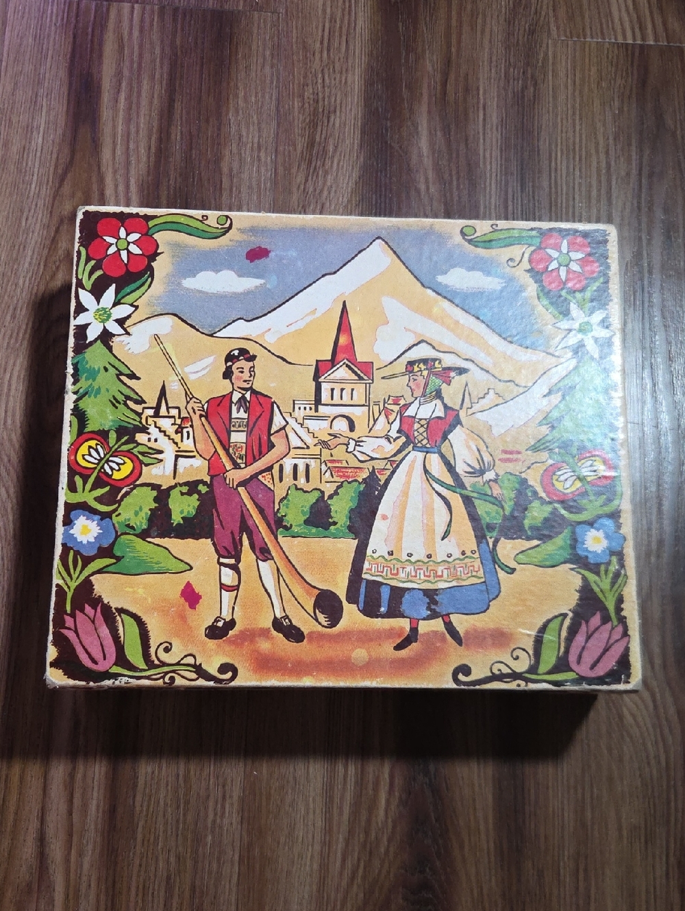 Vintage Swiss Folk Art Decorative Box with Alpine Couple Illustration